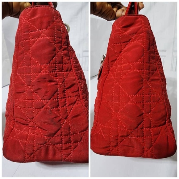 Authentic Christian Dior Vintage Canage Quilted Nylon Lady Dior Hand Bag Red - Picture 9 of 16